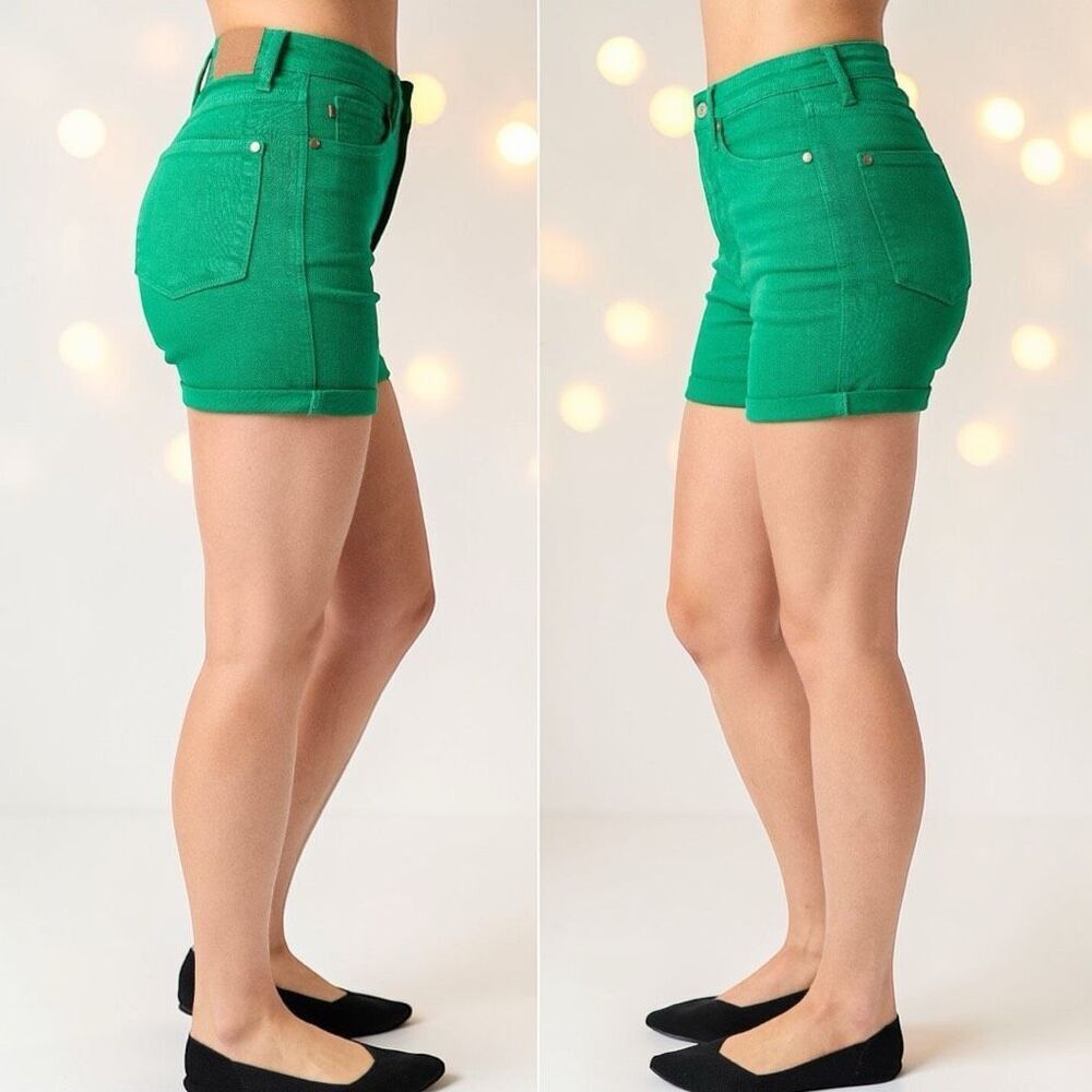 Judy Blue Shorts Green High Rise Tummy Control Cuffed Garment Dyed Stretch Denim - Picture 3 of 16